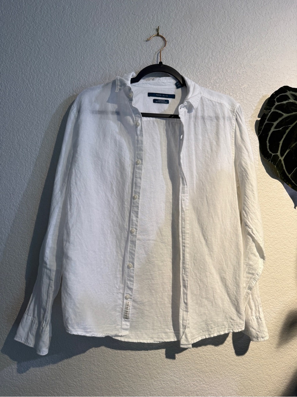 Perry Ellis White Linen Blend Long-Sleeve Button-Down Shirt